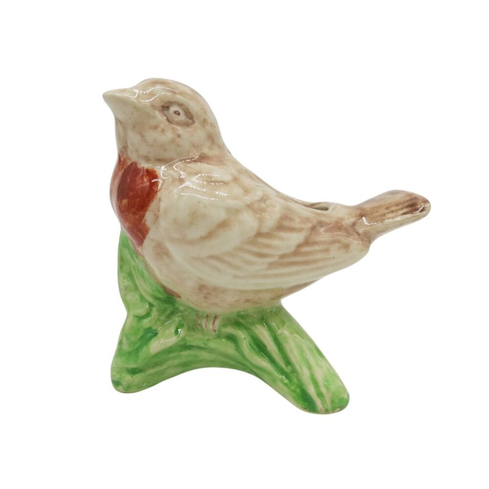 VINTAGE Glazed Ceramic Bird Indoor Planter Brown Red Robin Vase